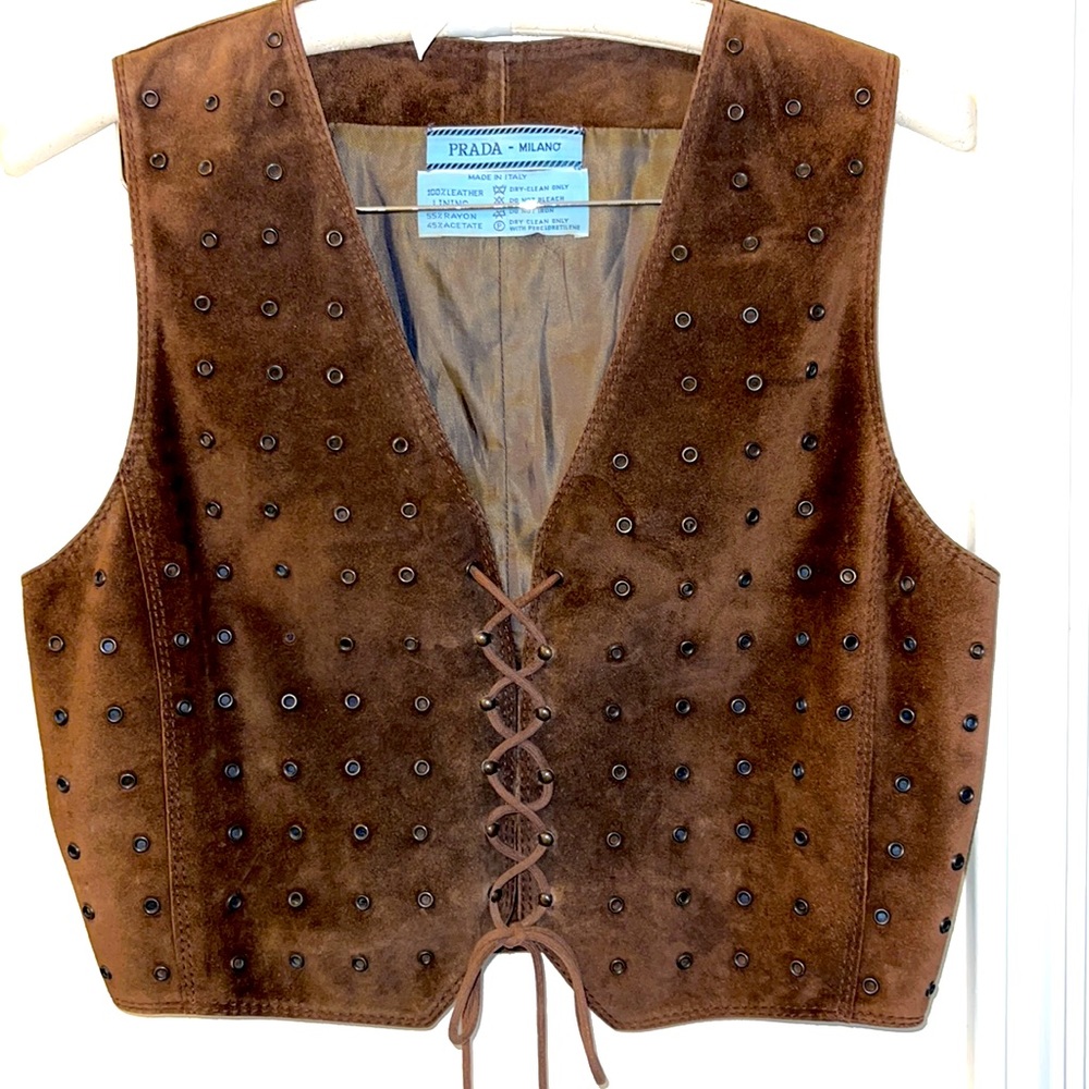 Prada lace down vest, rare, suede, vintage, lined, excellent condition.